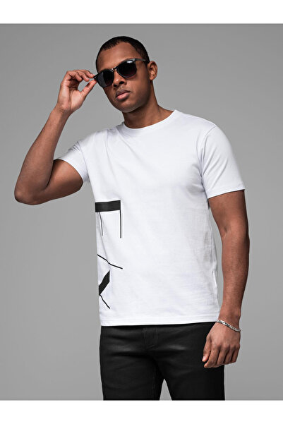 OMBRE Herren-T-Shirt aus Baumwolljersey mit großem Schriftzug an der Seite - weiß V2 OM-TSPT-0213 M