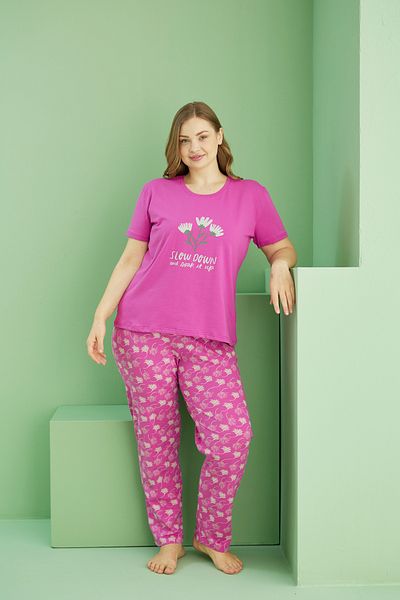Siyah İnci Pink Patterned Curve Plus Size Oversize Cotton Pajama Set 25113788