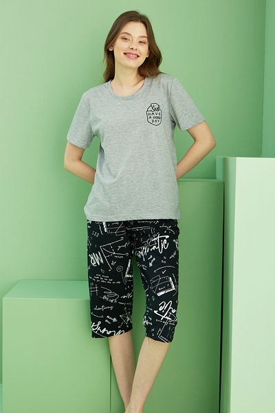 Siyah İnci Grey Melange Patterned Crew Neck Knitted Capri Suit 25112181