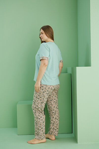 Siyah İnci Πράσινο μοτίβο Curve Plus Size Oversize Βαμβακερό Σετ Πιτζάμες 25113756