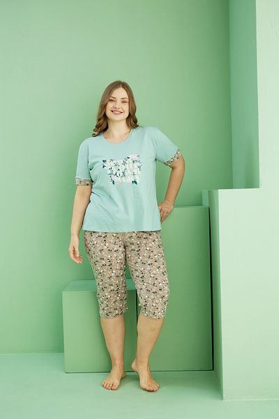 Siyah İnci Green Patterned Curve Plus Size Oversize Cotton Capri Suit 25112733