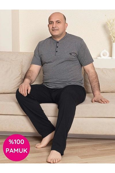 GUAVA+ Men's Wide Fit 100% Cotton Short Sleeve Pocket Large Size Pajama Set