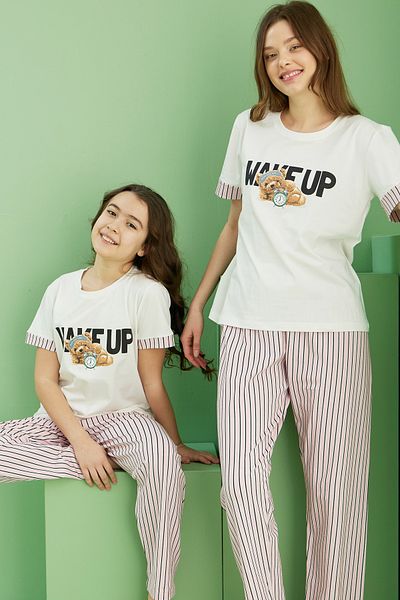 Siyah İnci Ecru Patterned Cotton Crew Neck Knitted Pajama Set 25117063