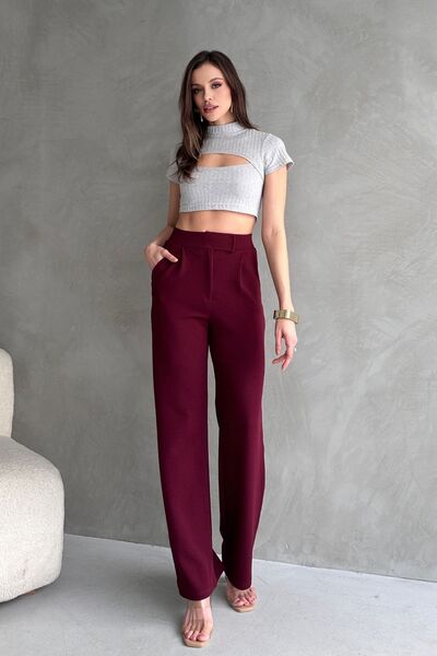 Know Kadın Likralı Cırt Kapama Bordo Palazzo Pantolon