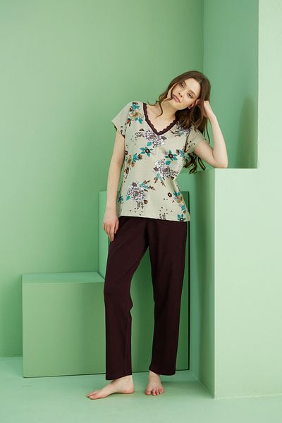 Siyah İnci Multicolor Pattern V-Neck Knitted Cotton Pajamas Suit 25113263