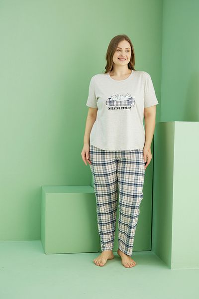 Siyah İnci Beige Melange Patterned Curve Plus Size Oversize Cotton Pajama Set 25113745