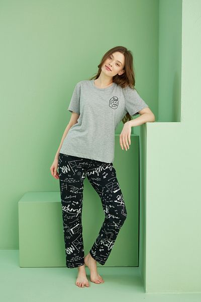 Siyah İnci Gray Melange Patterned Crew Neck Knitted Cotton Pajama Set 25113201
