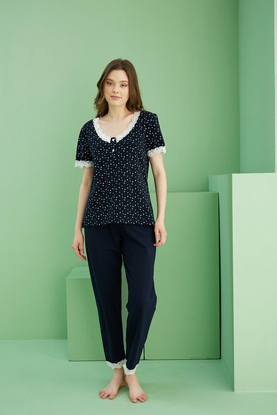Siyah İnci Navy Blue Patterned V-Neck Button Knitted Cotton Pajamas Suit 25113259