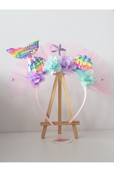 Sweet twins accessories تريند تاج حورية البحر للأطفال، نجمة، تول وردي، تاج أطفال مزين بالزهور الملونة