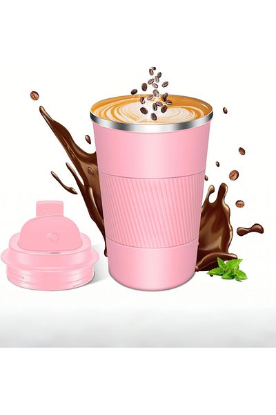 COOYA كوب قهوة للسفر، سعة 12 أونصة، معزول بالفراغ مع غطاء مقاوم للانسكاب، للاستخدام المنزلي والمكتب (وردي)