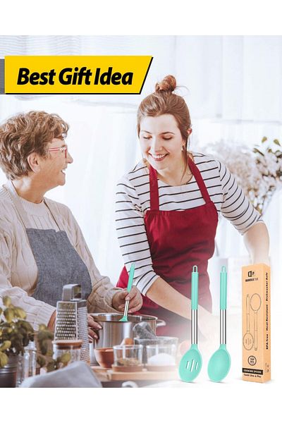 Bundlepro Set De 2 Linguri Pentru Gatit , Otel Inoxidabil/silicon, Argintiu/albastru Deschis