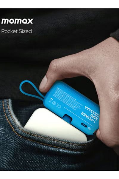 Momax 1-Power Mini Battery Pack 5000 mAh Power Bank [20W] with Built-in USB-C PD Cable - Blue