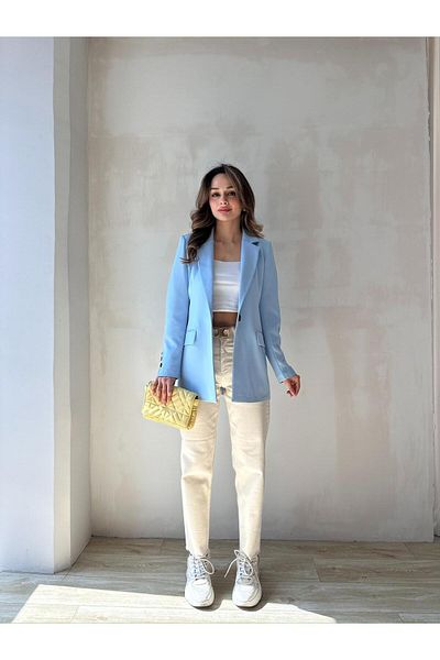 BUTİK ELAJ Women's Baby Blue Atlas Single Button Blazer Jacket