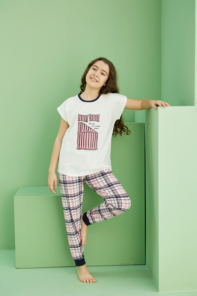 Siyah İnci Ecru Patterned Cotton Crew Neck Knitted Pajama Set 25117065