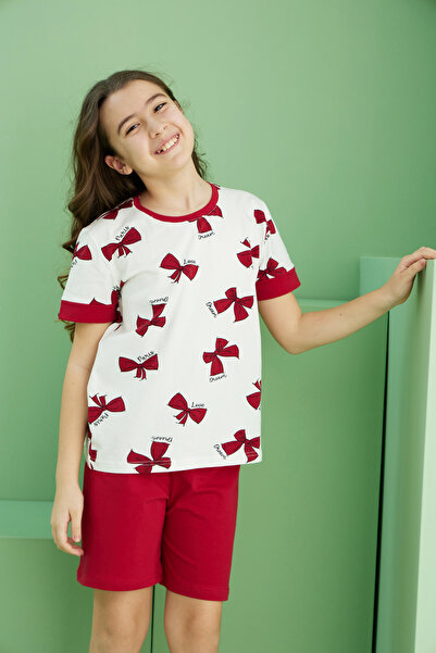 Siyah İnci Ecru Patterned Cotton Crew Neck Knitted Shorts Set 25115030