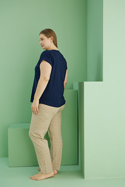 Siyah İnci Синій візерунок Curve Великий розмір Бавовняний піжамний комплект 25113759