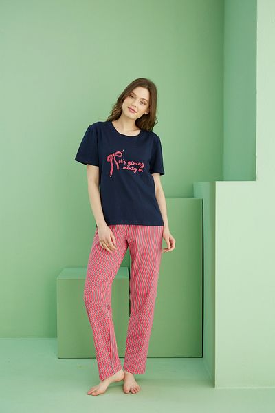 Siyah İnci Navy Blue Patterned Crew Neck Knitted Cotton Pajamas Suit25113230