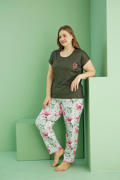 Siyah İnci Green Patterned Curve Plus Size Oversize Cotton Pajama Suit 25113763