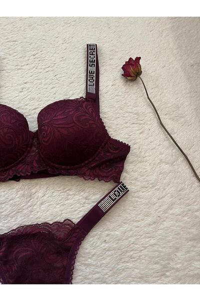 love secret SET DE LENJERIE INTIMĂ ROȘU CLARET CU DETALII DIN PIATRĂ, MICRO-C...