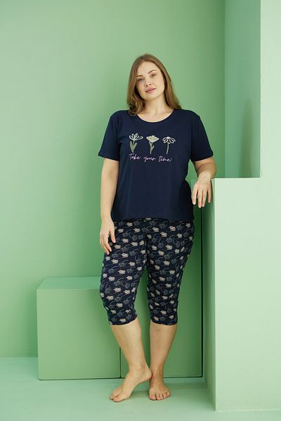 Siyah İnci Navy Blue Patterned Curve Plus Size Oversize Cotton Capri Suit 25112728