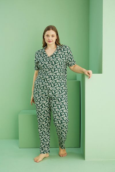 Siyah İnci Green Patterned Bürümcük Crinkle Fabric Curve Large Size Oversize Buttoned Pajama Set 25118729