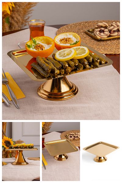 Fiyakalı Ürünler Atölyesi Gold Square, Stylish Cake, Cake, Cookie and Dessert Serving Presentation Stand with Stand