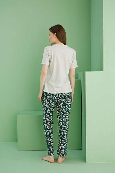 Siyah İnci Beige Patterned Crew Neck Knitted Cotton Pajama Set 25113227