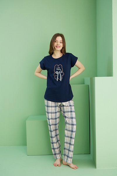 Siyah İnci Navy Blue Patterned Cotton Crew Neck Knitted Pajama Set 25117083