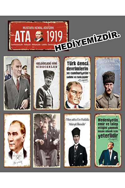Hayal Poster Atatürk Görselli Mini Retro Ahşap Poster Seti 8'li 1 Poster Hediye