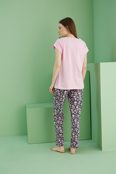 Siyah İnci pembe desenli Bisiklet Yaka Örme Pamuklu Pijama Takım25113278