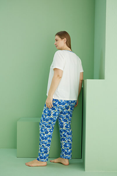 Siyah İnci ekru desenli Curve Büyük Beden Battal Boy Pamuklu Pijama Takım25113812