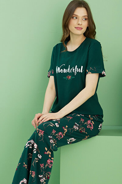 Siyah İnci πράσινο Με σχέδιο Πλεκτό Σετ Πιτζάμες με λαιμόκοψη Βαμβάκι τεμαχίω...