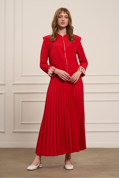 FTZ WOMEN Women's Pleated Skirt Suit Red 31024