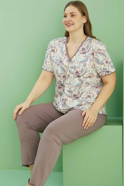 Siyah İnci Patterned Curve Plus Size Oversize Cotton Pajama Set 25113818