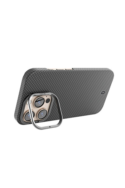 WIWU iPhone 16 Pro Max Kılıf Wiwu DCC-208 Magsafe Uyumlu Kamera Standlı Aramid Fiber Kevlar Kapak Siyah
