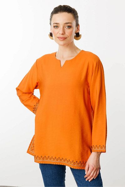 Desen Triko Bluză de damă cu mâneci și broderie pe fustă kaki