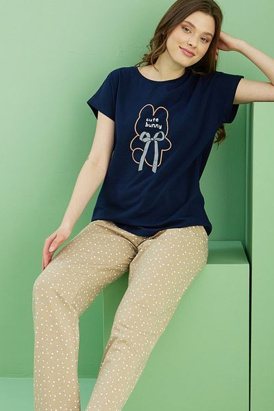 Siyah İnci Navy Blue Patterned Crew Neck Knitted Cotton Pajama Set 25113213
