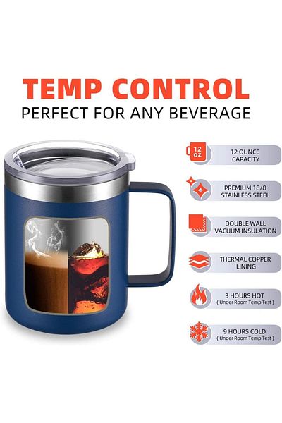 COOYA 12 oz Coffee Mug, Vacuum Sliding Lid, Double Wall Stainless Steel Handle(Blue)