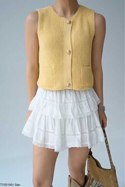 CADDELAMODA Women's Crew Neck Thessaloniki Knitted Gold Buttoned Knitwear Vest