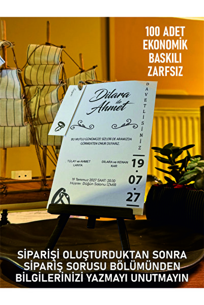elçinbirlik Düğün Nişan Ipli Zarfsız Ekonomik Davetiye 100 Adet Baskılı B101
