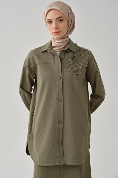 Tuğba Aplike Nakış Detaylı Canvas Ceket - Haki