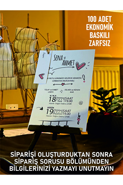 elçinbirlik Düğün Nişan Ipli Zarfsız Ekonomik Davetiye 100 Adet Baskılı B109