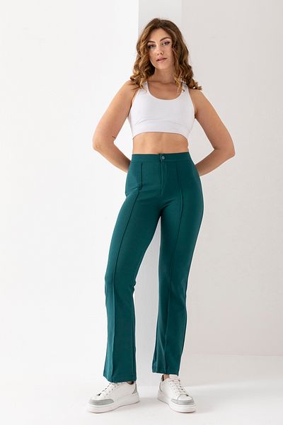 EtkiModa Women's Petrol Green Front Stripe Detailed Spanish Leg Crepe Trousers