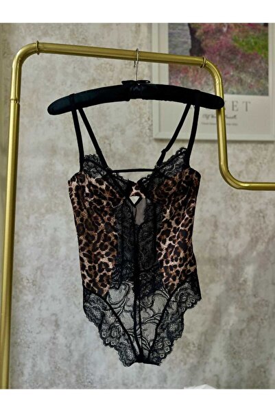 La Linaa Ολόσωμο κορμάκι με σατέν δαντέλα Leopard με διάφανο εσωτερικό