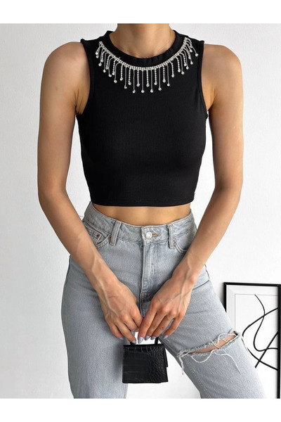 Zerenyus Crna rebrasta majica bez rukava - donja majica sa lančanim ovratnikom