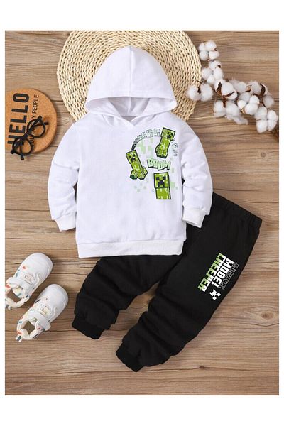 Massgai Set de trening pentru copii unisex Creeper Boom imprimat special din bumbac cu glugă