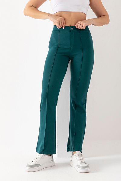 EtkiModa Women's Petrol Green Front Stripe Detailed Spanish Leg Crepe Trousers