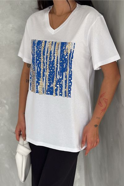 FEMELLE Women's White V-Neck Plus Size Sequin Sequin Embroidered 100% Cotton T-Shirt