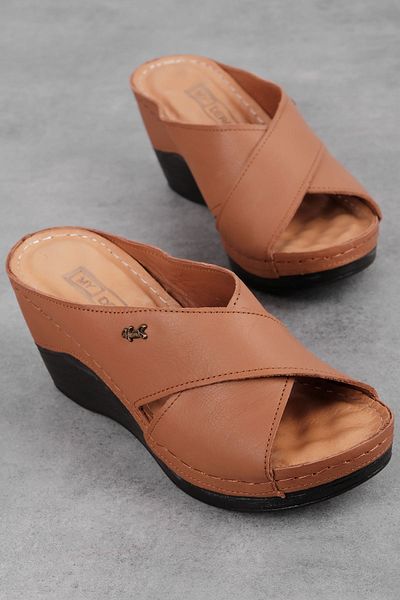MY DERİ Hermsy Women's Genuine Leather Wedge Heeled Slippers 3891