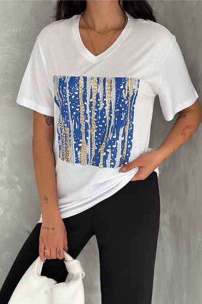 FEMELLE Women's White V-Neck Plus Size Sequin Sequin Embroidered 100% Cotton T-Shirt